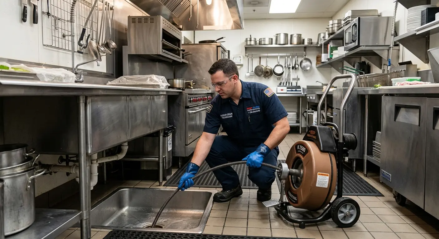 Commercial drain cleaning service in a restaurant kitchen in Massena