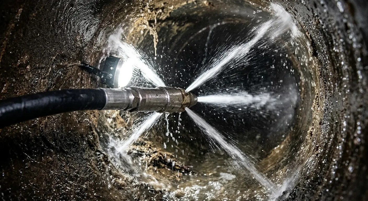 High-pressure hydro jetting nozzle cleaning sewer pipe for Trenchless Sewer Repair in Massena