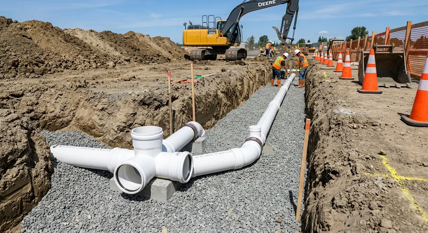 New PVC sewer pipe installation in open trench for Grease Trap Cleaning in Massena