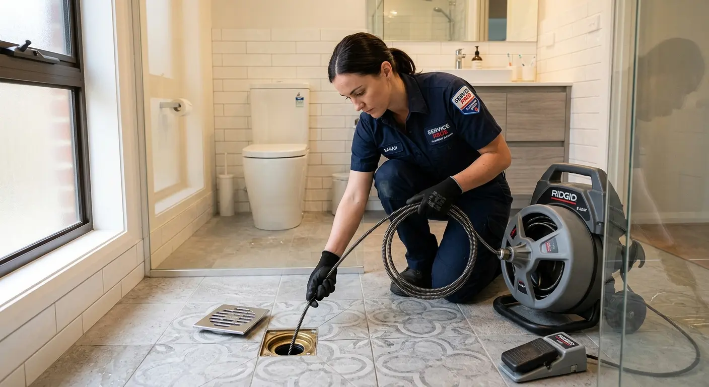 Technician clearing a bathroom floor drain for Drain Repair in Massena